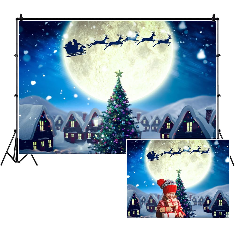SDOTPMT 7x5ft Christmas Eve Polyester Backdrop Merry Christmas Photography Background Snow Winter Moon Night Santa Claus Sleigh Elk Forest Happy New Year Party Banner Kids Adult Photo Studio Props