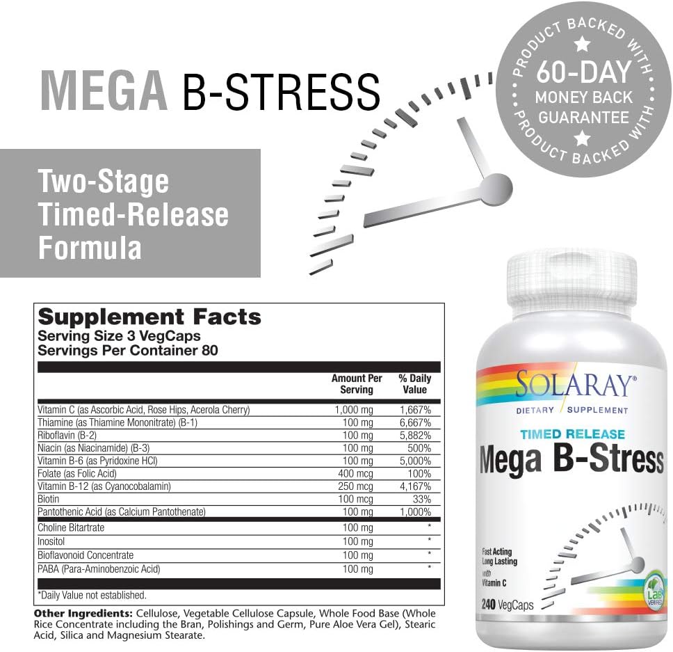 Solaray Mega Vitamin B-Stress, Two-Stage Timed-Release | Specially Formulated w/B Complex Vitamins for Stress Support | Non-GMO | Vegan | 240 Tabs: Health & Personal Care