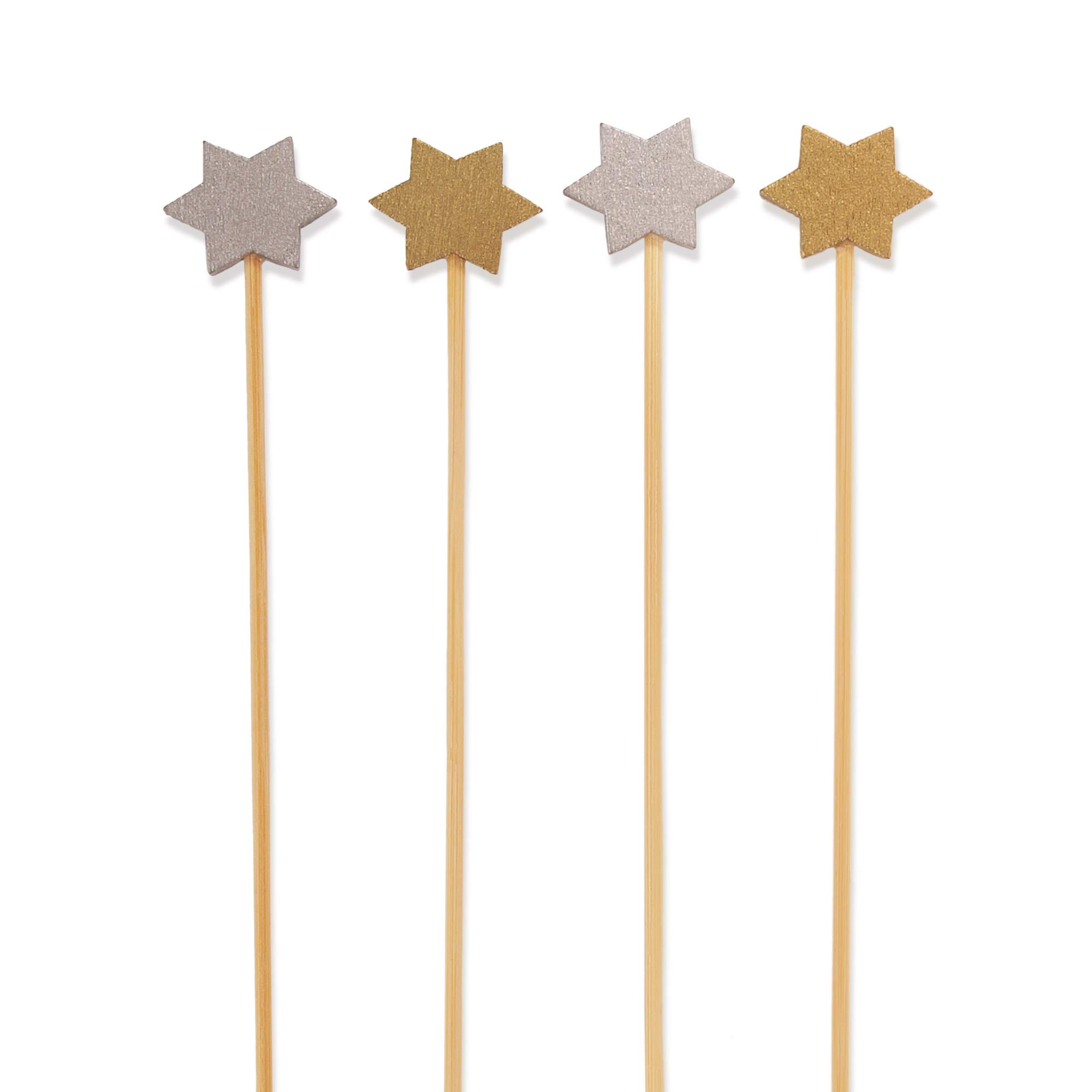 BambooMN - Holiday 6-Point Star Bamboo Picks Skewers for Fruit Sandwiches Cocktails - 5.9" (15cm) - Gold, Silver - 300pcs