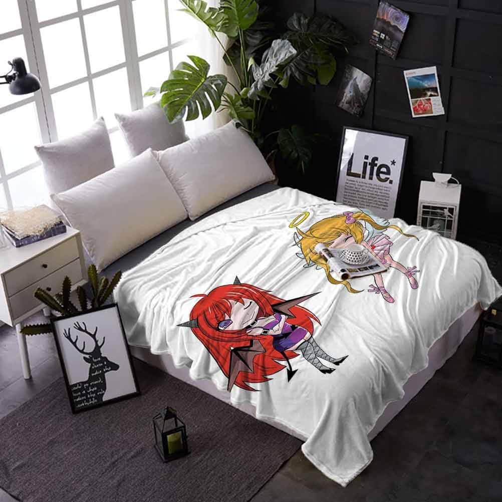 Throw Blanket Anime Soft Lightweight Warm for Couch Bed Sofa Angel Girl with Wings and Demon Girl with Horns Fairytale Comic Japanese Manga Art Print 50 x 70 Inches White