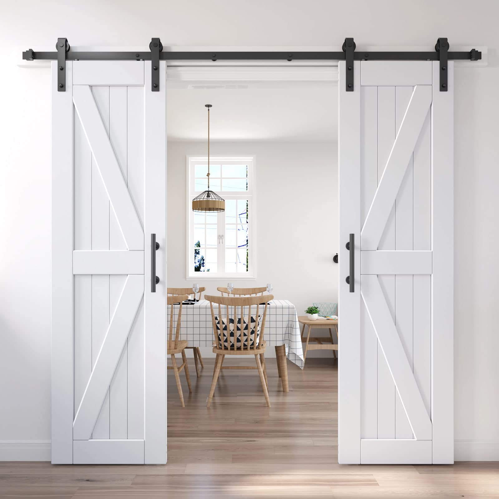 Photo 1 of EaseLife 42in x 84in (Double 21in×84in Door) Barn Door with 7FT Sliding Door Hardware & Handle Included,DIY Assemblely,Easy Install,Water-Proof,Apply to Interior Exterior Rooms,K-Frame,White