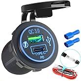 12V USB Quick Charge 3.0 Port & PD USB C Car Charger Socket, Waterproof 12V USB Outlet with Wire for Car Marine Boat Motorcyc