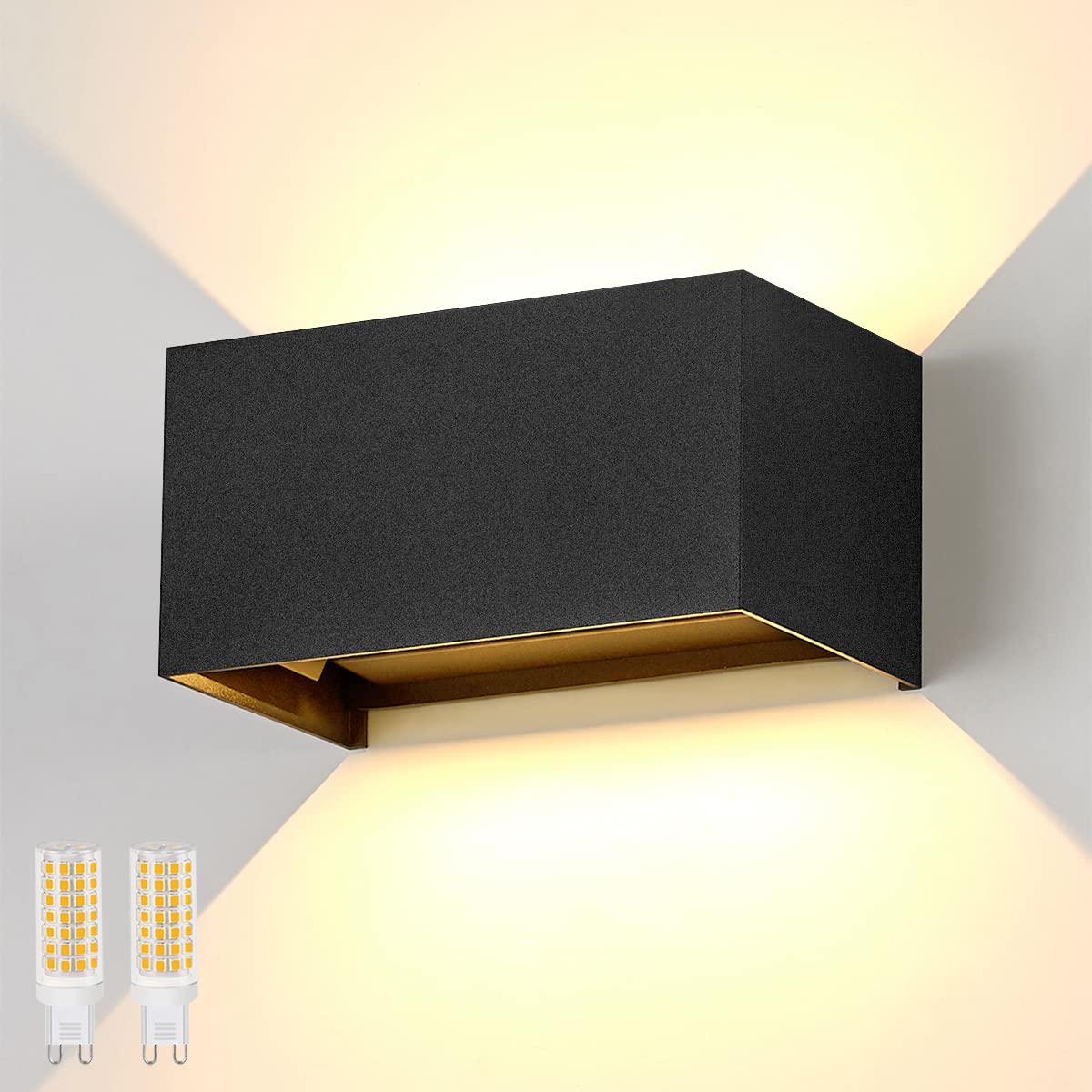 Dr.lazy 20W Outdoor/Indoor Wall Lights, IP65 Waterproof LED Wall Sconce, Outside Wall Lights with G9 Replaceable Bulb, Modern Aluminium Wall Lamp for Garden Hallway Bedroom (Black/Warm White)