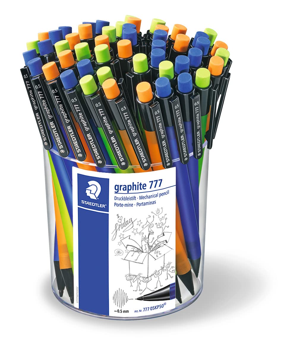 Staedtler 777 05KP50 Mechanical Pencil Graphite Filled with B Ink Cartridge Diameter 0.5 mm – 3 Barrel Colors, Pack of 50 in a Tube Value Pack Blue/Orange/Green