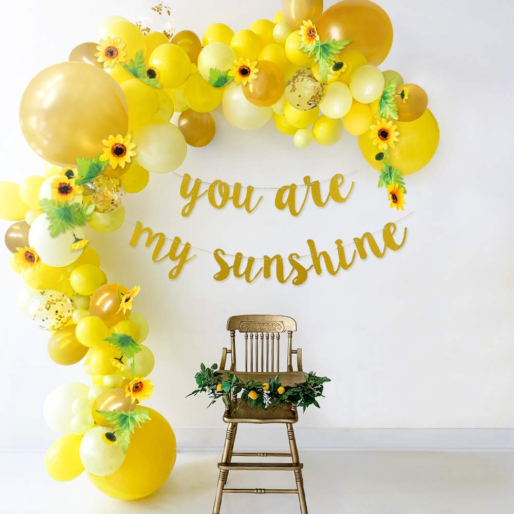 Sweet Baby Co. Sunflower Baby Shower Decorations for Girl or Boy Sunflower Balloon Garland Arch Kit with Yellow Balloons, Flowers Vine, You Are My Sunshine Gold Banner, Bee Theme Decor Birthday Party