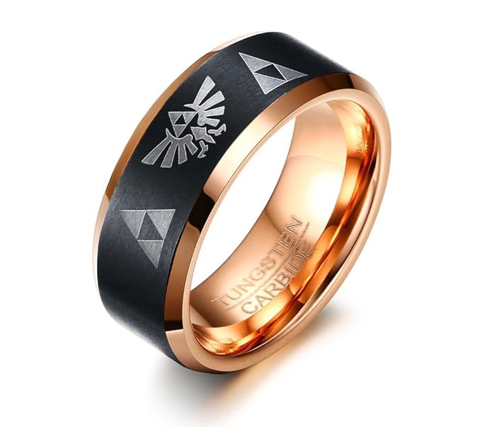 Vnox 8mm Hartmetall die Legende von Zelda Triforce Ring Hochzeit Engagement Band für Männer,Black Rose Gold