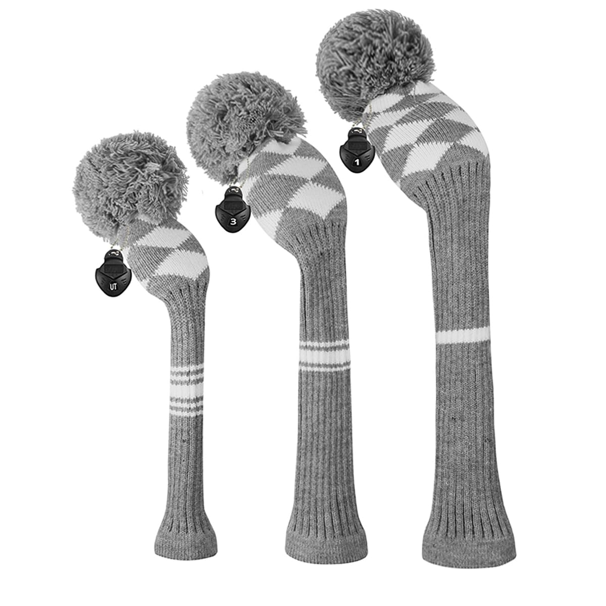 Scott Edward Knitted Golf Club Head Covers for Woods 3Pcs Set Golf Driver (460CC) Fairways and Hybrid/UT with Rotating Number Tags(Grey White Argyles)