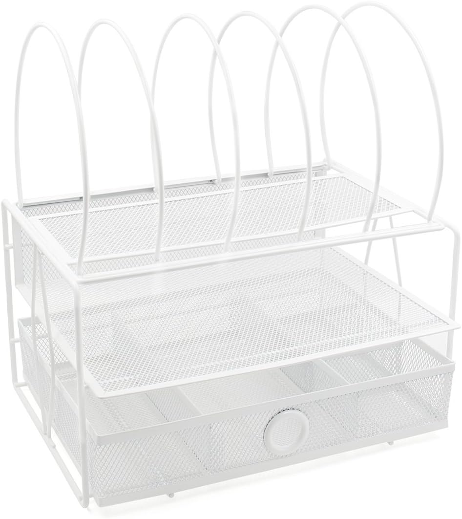 EasyPAG Mesh Desk File Organizer with 5 Sorter Sections Double Desk Tray and Drawer,White