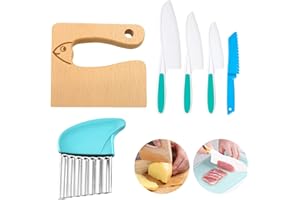FIICO BRRERR 6 PCS Kids Kitchen Safe Wooden Knife Set for Real Cooking, Kids Montessori Kitchen Cooking Tools, Plastic Serrated Edges Toddler Knives, Crinkle Potato Cutter for Children Cooking (Blue)