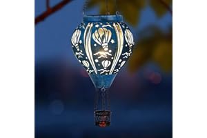 SUNNYGARDEN Hot Air Balloon Solar Lantern, Hollow Out Solar Powered Hot Air Balloon Lantern Outdoor Waterproof, Blue Metal Hanging Hot Air Balloon Solar Light for Outdoor Patio Garden Decor