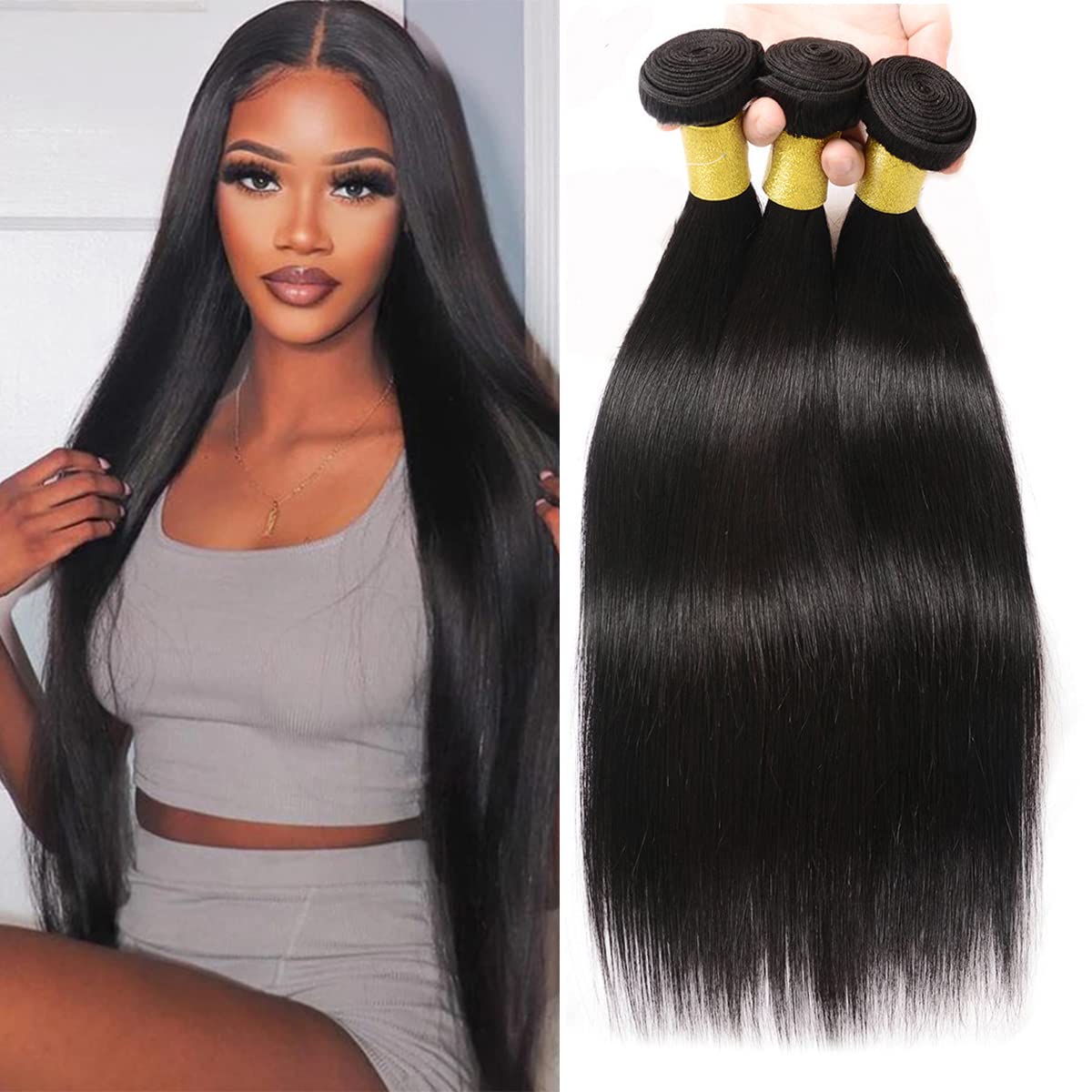 Datanala Straight Human Hair Bundles Brazilian 12A Grade Virgin 100% Unprocessed Straight Human Hair Extension for Women Straight 3 Bundles Natural Black Color(24 26 28Inch, straight bundles) โ image 1