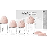 Gulicola Natural Glass Baby Bottles Set 4 Pack, Newborn Girl Breastfeeding Bottles with Slow Flow Nipples, 0 Months+, 3 oz & 5 oz - Pink