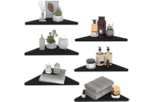HORLIMER Floating Corner Shelf Set of 6, Rustic Wood Wall Shelves for Bathroom Kitchen Bedroom Living Room Office Nursery (Black)