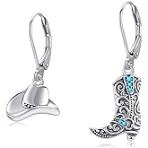 Cowgirl Earrings 925 Sterling Silver cowboy boot Dangle Drop Earrings Turquoise Western Country Jewelry for Women