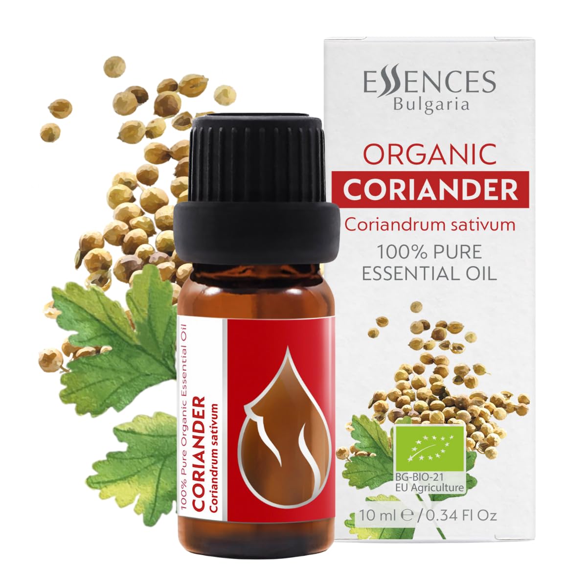 Essences Bulgaria Organic Coriander Essential Oil 10ml | Coriandrum sativum | 100% Pure and Natural | Undiluted | Therapeutic Grade | Family Owned Farm | Steam-Distilled | Non-GMO | Vegan