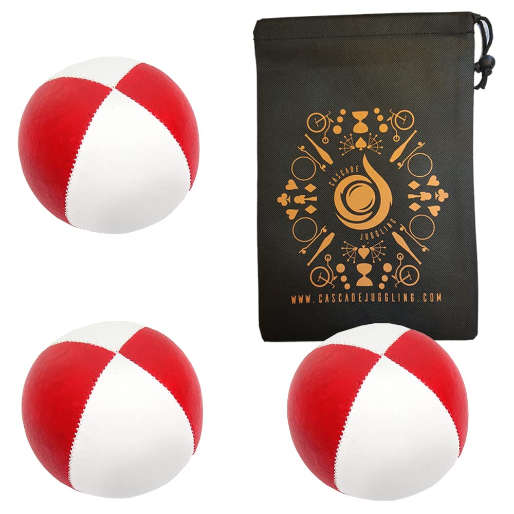3 x Pro 76g Cascade Mini Juggling Balls - Small Sized Quality Thud Juggling Balls & Bag - Set of 3 Juggling Balls (Red and White)