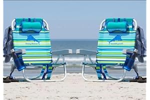 Tommy Bahama 5 Position Beach Chair, Zippered Insulated Cargo Pouch, Cup and Cell Phone Holders, Towel Bar, Pillow for Extra Comfort, Heavy-Duty Weight Capacity, 2-Pack (Aqua Stripes)
