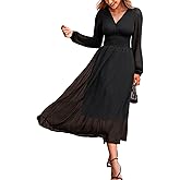 CUPSHE Women's Fall V Neck Long Sleeve Maxi Dresses Smocked Waist Elegant Cocktail Wedding Guest Dress