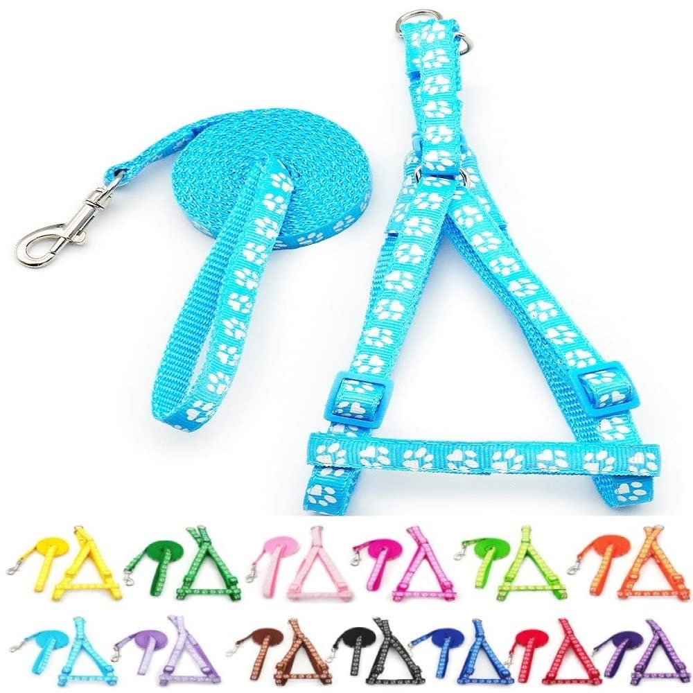 Small Dog Puppy Pet Cat Kitten Harness and Lead Set Pawprint Design Nylon Adjustable Chest Size 21-34cm and 120cm Leash Light Blue