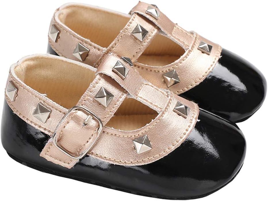 lakiolins Baby Girls Rivet T-Strap Mary Jane Dress Shoes Slip On Crib Shoes First Walkers