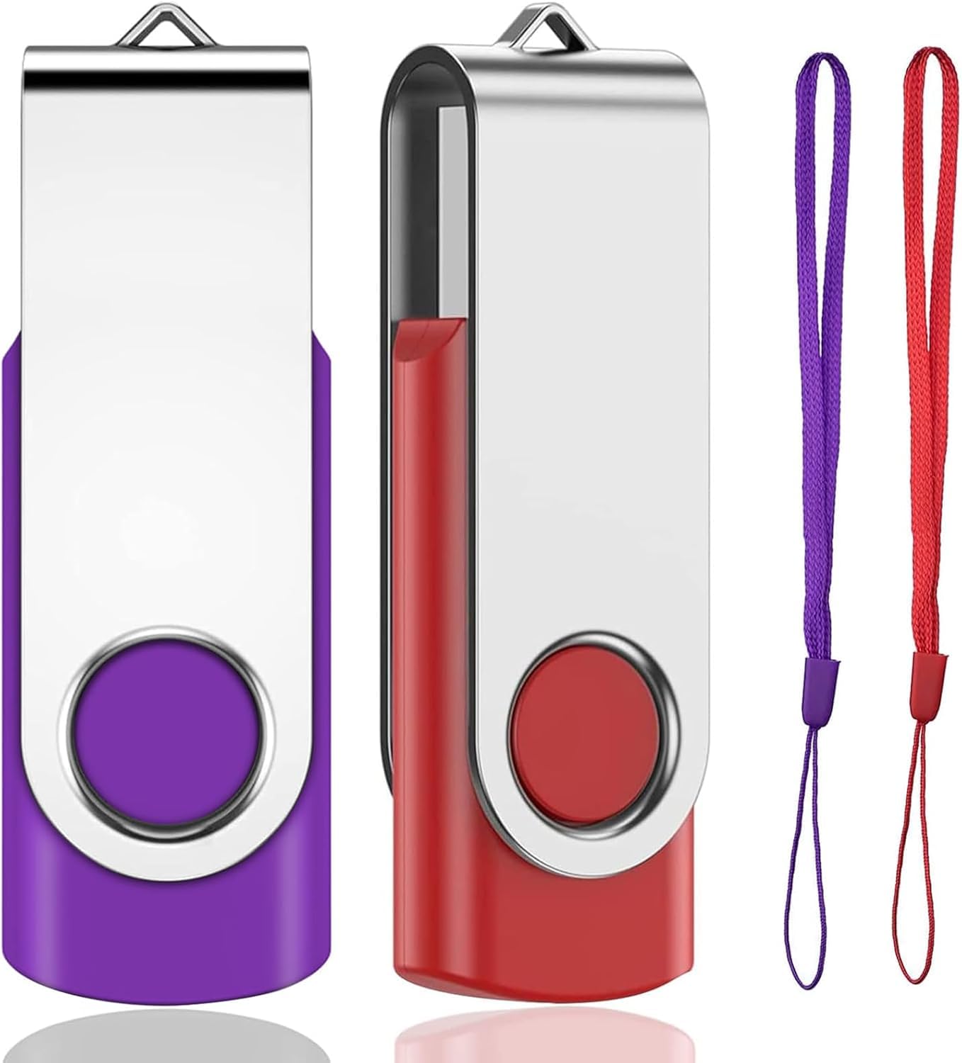 128GB USB Memory Stick 2 PACK USB 2.0 Flash Drive Pen Drive Swivel Design Photo USB Sticks Fold Storage (Red/Purple With Lanyard)