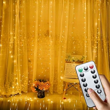 USB-Lichterkette aus Kupfer, Vorhang-Licht, 300 LEDs mit Fernbedienung, 8 Leuchtmodi, Warmweiß, dekorative Lichter für Weihna