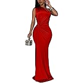 YMDUCH Women's Elegant One Shoulder Sleeveless Twist Waist Bodycon Party Long Dress