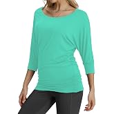 Match Women's Solid 3/4 Sleeve Crewneck T-Shirts Tops with Side Shirring