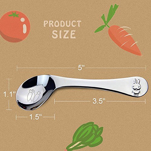 Curved Baby Spoon Toddler Utensils Stainless Steel for Right Handed,BPA Free Self Feeding Led Weaning Training Learning Eating Food Metal First Spoons Kids Children Silverware with Cute Rabbit Carrot