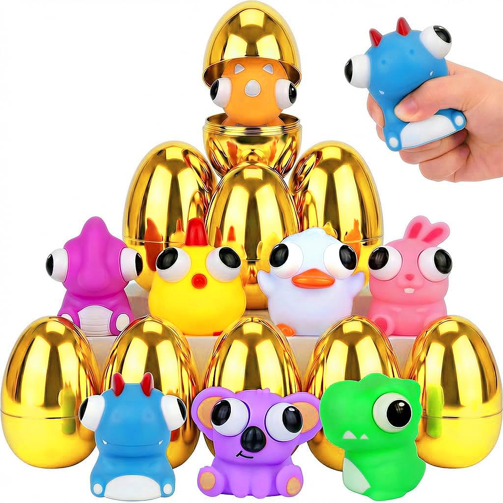 8 Pack Jumbo Golden Easter Eggs Fillers with Eye-pop Fidget Stress Toys, Easter Basket Stuffers Fillers Large Surprise Easter Eggs with Toys Inside, Easter Party Favors Eggs Hunts for Kids Boys Girls