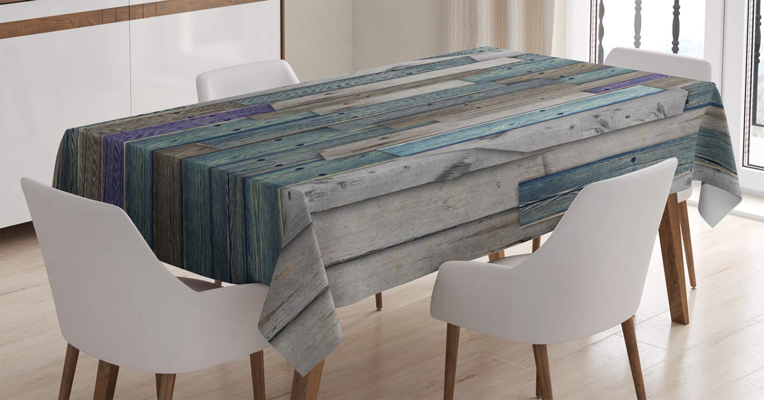 ABAKUHAUS Rustic Tablecloth, Image of Blue Grey Grunge Wood Planks Barn House Door Nails Country Life Theme Print, Dining Room Kitchen Table Cover, 54" x 94", Green Blue