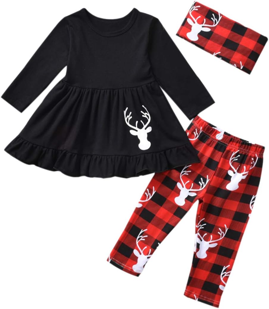 Christmas Little Girls Clothes, White Deer Head Plaid,Dress + Pants + Headband 3 PCS Xmas Outfits Sets