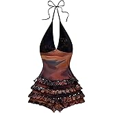 SweatyRocks Women's Sexy Lace Leopard Ropmer Y2k Halter Backless Short Jumpsuit Concert Outfits