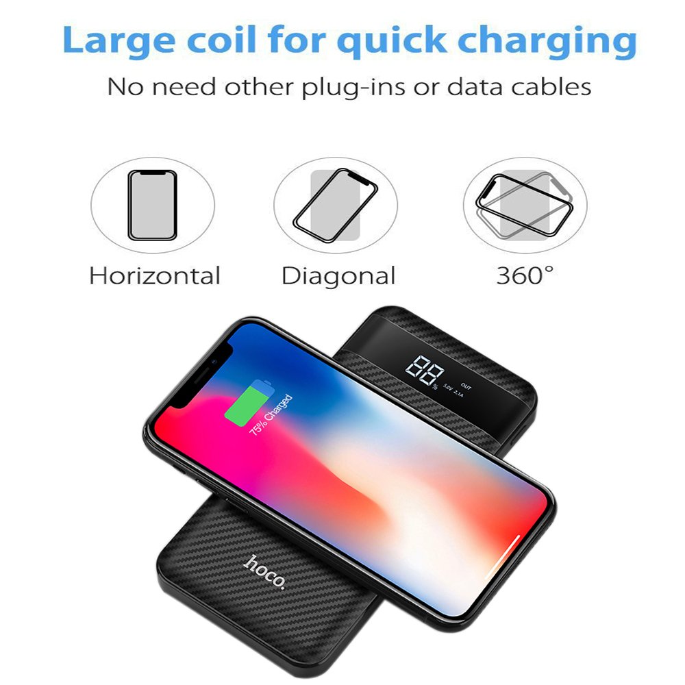 Qi Protable Wireless Charger, iBazal 10000mAh Fast Charging Power Bank with LED Digital Display External Battery Pack 2 in 1 for iPhone X, iPhone 8, 8 Plus, Samsung Galaxy S8, S8 Plus