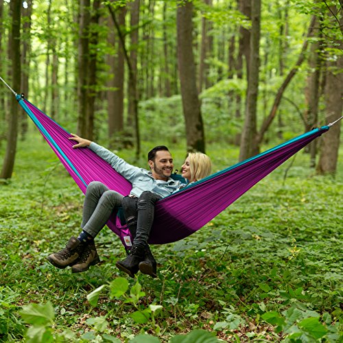 Double Hammock Camping Gear Straps | Best Portable Parachute Nylon 2 Person Folding Hammock with Tree Hanging Straps, Rope & Instruction Booklet | Ideal for Travel, Hiking & Backpacking