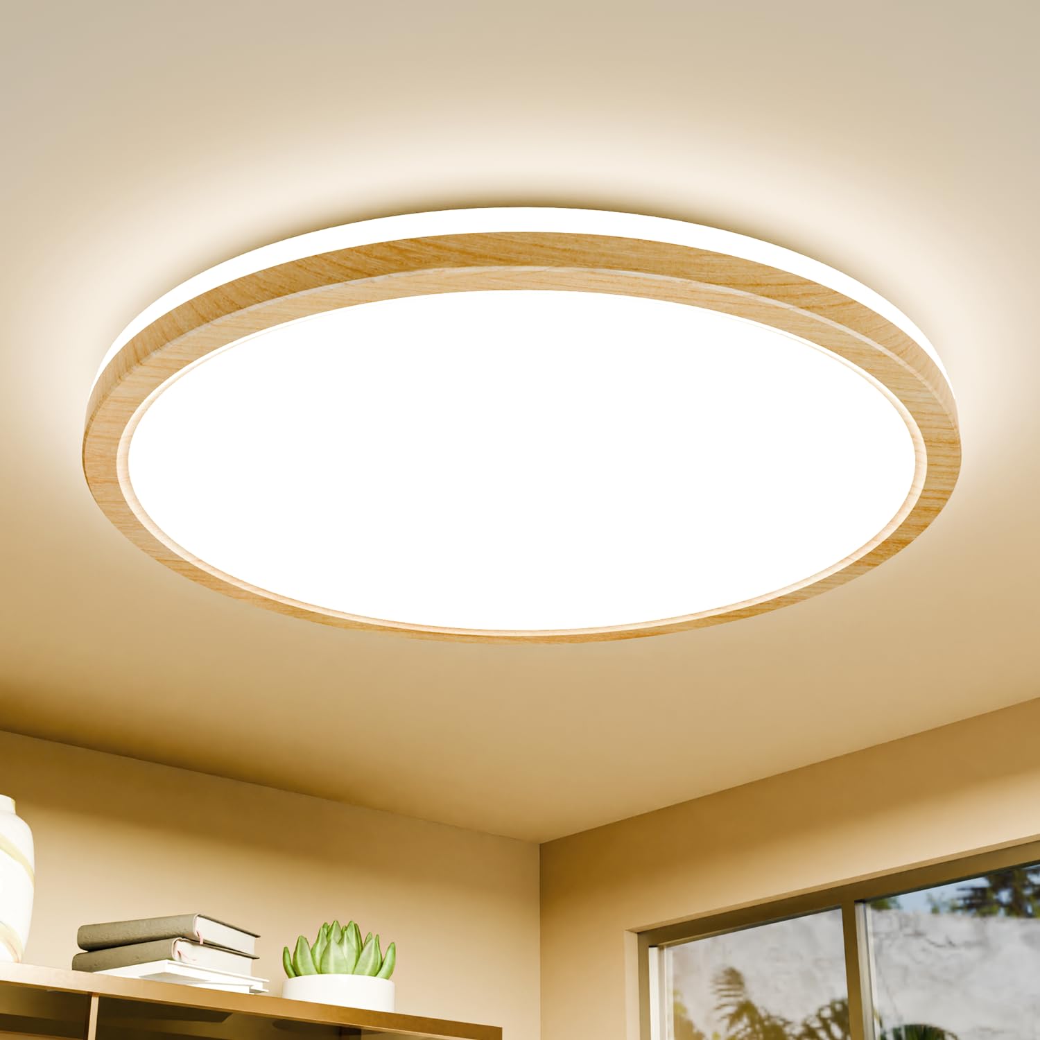 Epochglo LED Ceiling Light, 24 W 4000 K Waterproof IP44 Round Wood Modern Lamp for Bathroom, Living Room, Bedroom, Kitchen, Office, Balcony, Corridor, Children's Room, 30 cm