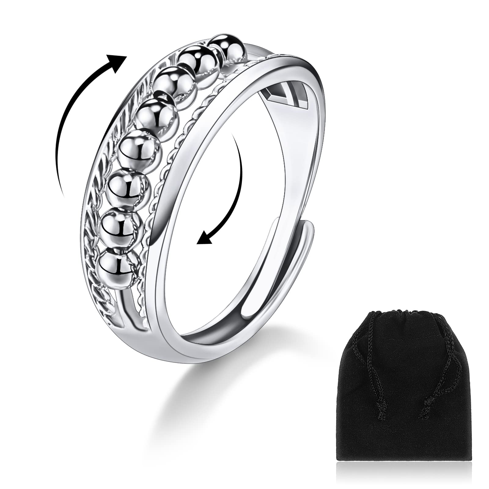 Fidget Ring Anxiety Rings for Women Silver Spinner Ring Adjustable Worry Ring Stacking Anxiety Thumb Ring Retro Fidget Peace Rings Band for Women Men Anxiety Stress Reliever (Retro Style)