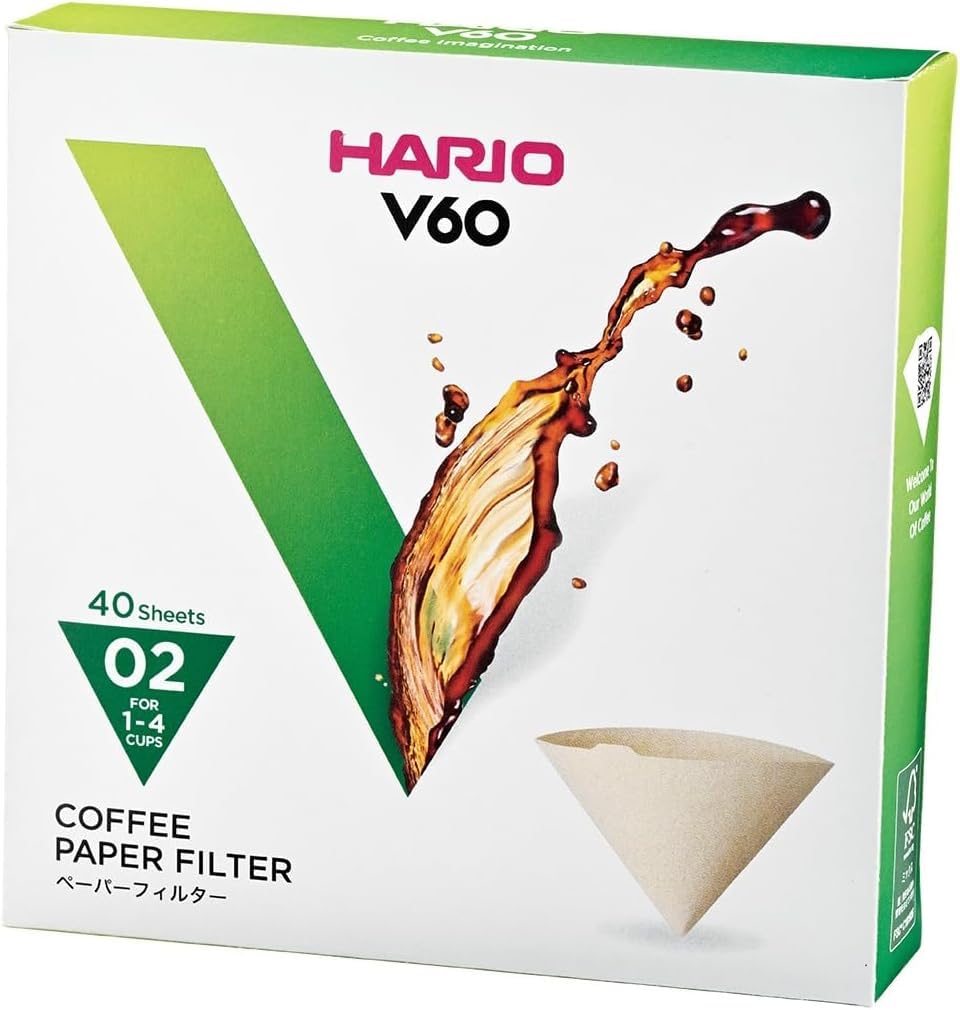 Hario V60 Filter Papers | Paper Coffee Filters For V60 Dripper, Compatible With Size 02, Natural, 40 Pack