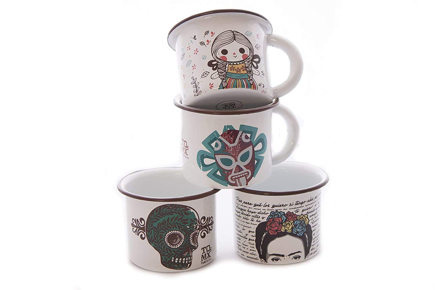 Set de 4 Tazas de Peltre Diseño Mexicano Handmade