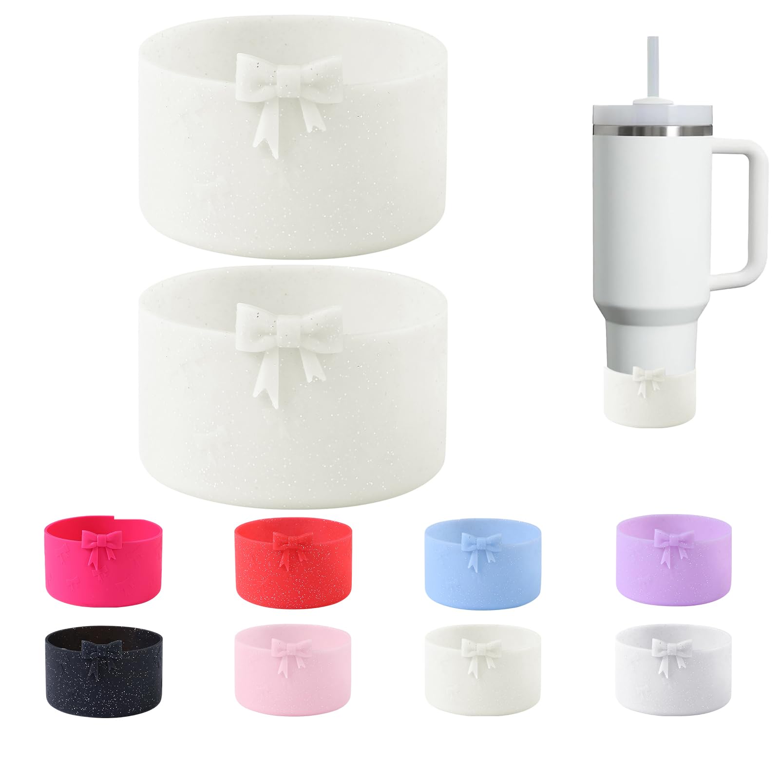 Photo 1 of 2PCS Bow Silicone Boot for Stanley Quencher Tumbler 30oz 40oz & IceFlow 20oz 30oz& Hydro Flask Water Bottle 12-24 oz Protective Bottom Sleeve Cover for Stanley Cup Accessories& Owala 24oz(MWhite)