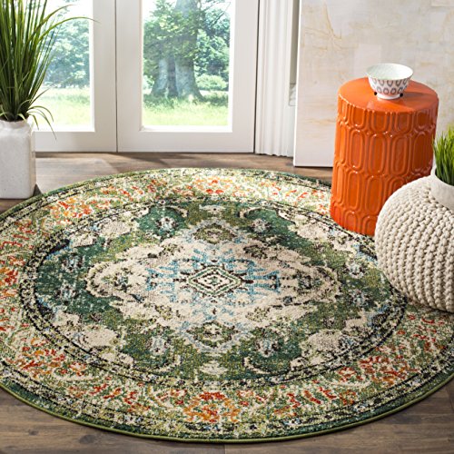Safavieh Monaco Collection MNC243F Vintage Oriental Forest Green and Light Blue Distressed Round Area Rug (3' in Diameter)