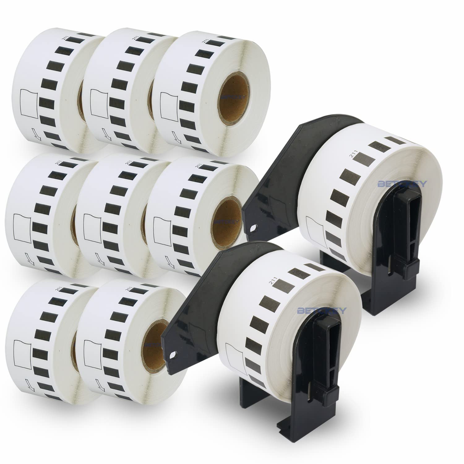 BETCKEY - 10 Rolls DK-22211 Labels with ONLY 2 Reusable Label Holders, 29mm x 15.24m, 10 Continuous Length Film Labels Using for Ql Label Printers