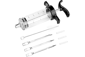 TONJIN Turkey Meat Injector Syringe Kit with 3 Marinade Needles for BBQ Grill Smoker, 1 Cleaning Brush, 1.7 Oz/50 ml Large Capacity Injector Marinades for Meats Black
