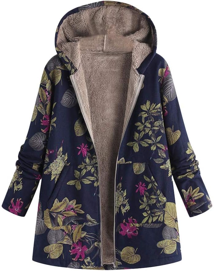 Hunauoo Womens Warm Jackets Vintage Casual Floral Print Hooded Sweatshirts Oversized Coats