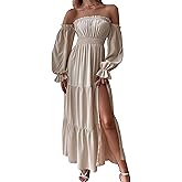 ECDAHICC Women's Boho Sexy Off Shoulder Long Sleeve Maxi Dress High Waist Side Split A Line Tiered Long Dresses