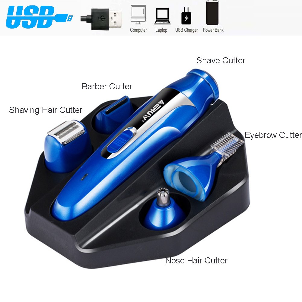 Mens Electric Shaver, 5 in 1 Nose Hair Trimmer USB Rechargeable Grooming Electric Razor / Eyebrow / Sideburns / Beard / Nose Ear Hair Trimmer for Men Women Waterproof Beauty Kit Rotary Shaver -BLUE