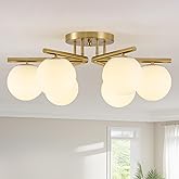 Bsyormak 6 Lights Sputnik Ceiling Light Fixture,Semi Flush Mount Ceiling Light Sputnik with Milk Glass Globe, Brushed Brass C