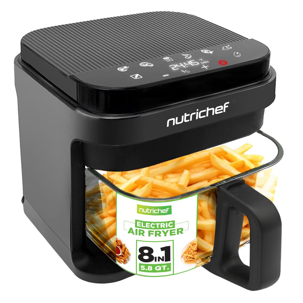 Photo 1 of Nutrichef 5.8 Quart Air Fryer | 8-1 Preset Cook Modes | Transparent Fry Bowl for Best Cooking Results | Cook Shrimp, Steak, Fries, Wings, Chicken & More | Precise Temperature Control & Time | Grey