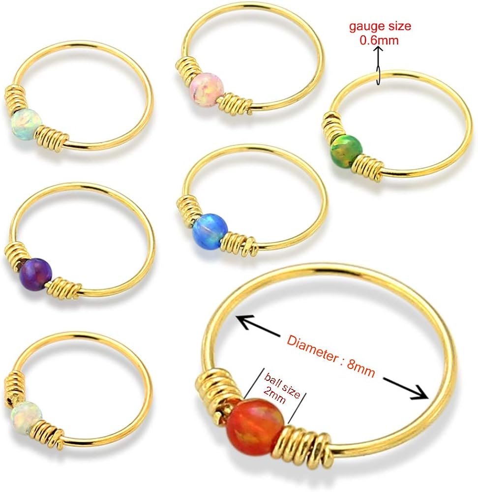 AZARIO LONDON 9K Solid Yellow Gold Light Green Opal Stone with Double Spring Coil 22 Gauge Hoop Nose Ring Tragus Helix Piercing - Image 4