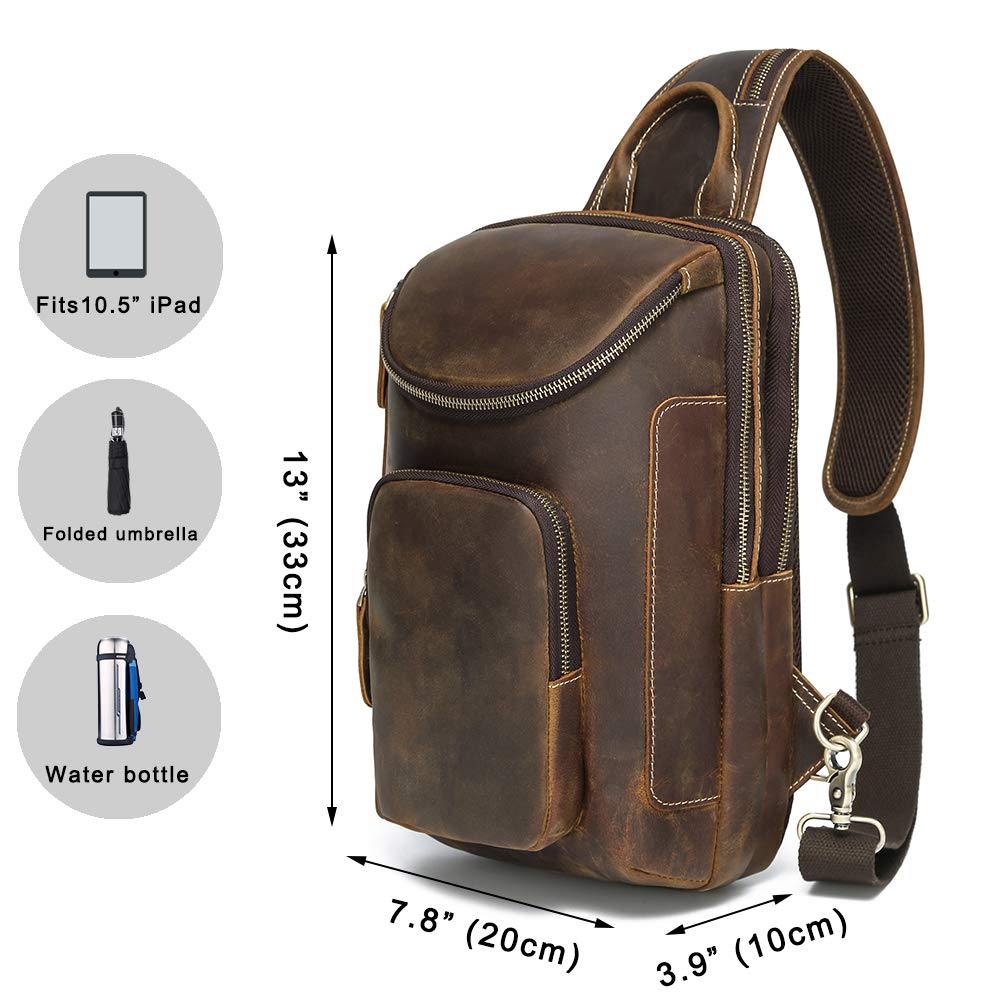 LANNSYNE Vintage Full Grain Leather Sling Bag Crossbody Chest Daypack